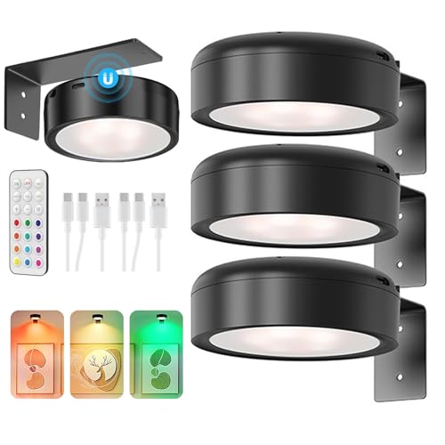Kottwca 4 Pack Picture Lights for Wall, 13 Colors Rechargeable Wall Lights Indoor, Dimmable Timer Wireless Wall Lights W/Remote, Black Magnetic Painting Light for Painting, Frames [Energy Class E]