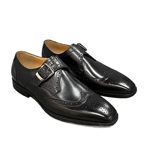 Men’s Leather Monk Strap Dress Shoes, Double Buckle, Brogue Perforated Pattern, Pointed Toe, Leather Sole(Black,10 M US)