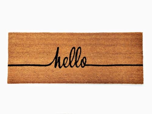 Image of Kempf Cursive Hello Coco Coir Doormat, 18" x 47", Heavy-Duty Indoor Outdoor Entrance Mat with Non-Slip Backing