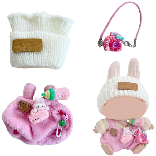 17cm Doll Clothes Set Accessories,Knit Hat & Overalls Camera, Bottle & Cute Accessories Set for 17cm Accessories Suit Pink (NO Doll)