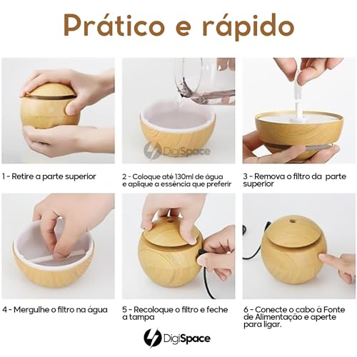 Umidificador de Ar Ultrassônico Usb Difusor de Aroma Elétrico Aromatizador Purificador até 4H Madeir