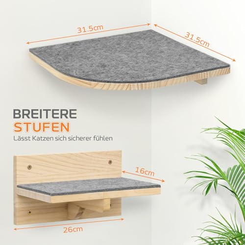 Pawtasy Kletterwand Katzen Katzentreppe Wand 4er-Set Katzen Kletterwand Set Stabiler Katzenwand Naturholz Katzenleiter Katzenwandparkour tragfähig bis 35 kg