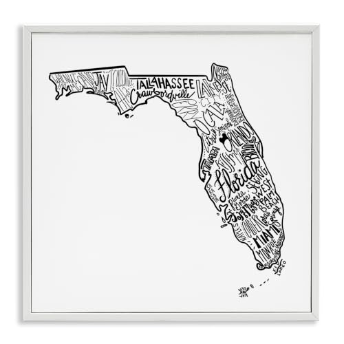 Florida State Typography Cities Map, 24 x 24 Inch Framed Giclée Print