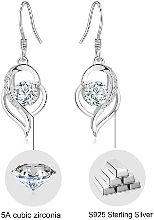 Sterling Silver Drop Earrings for Women: Gamtic 925 Sterling Silver Allergy Free Heart Dangle Earrings with 5A Cubic Zirconia on Birthday Valentines Anniversary for Mother Girlfriend Wife Girls (Silver)