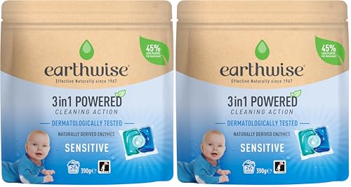 Earthwise Sensitive Laundry Washing Detergent Capsules, 52 Pack, 26 Washloads, Suitable for Front & Top Loader, Dermatologically Tested, 3in1 Powered Cleaning Action with Naturally Derived Enzymes
