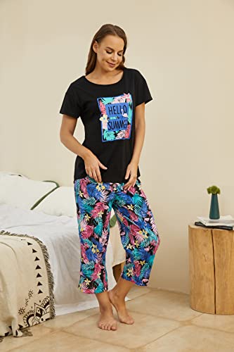 Image of PNAEONG Women Pajama Set Sleepwear Tops with Capri Pants Casual and Fun Prints Pajama Sets