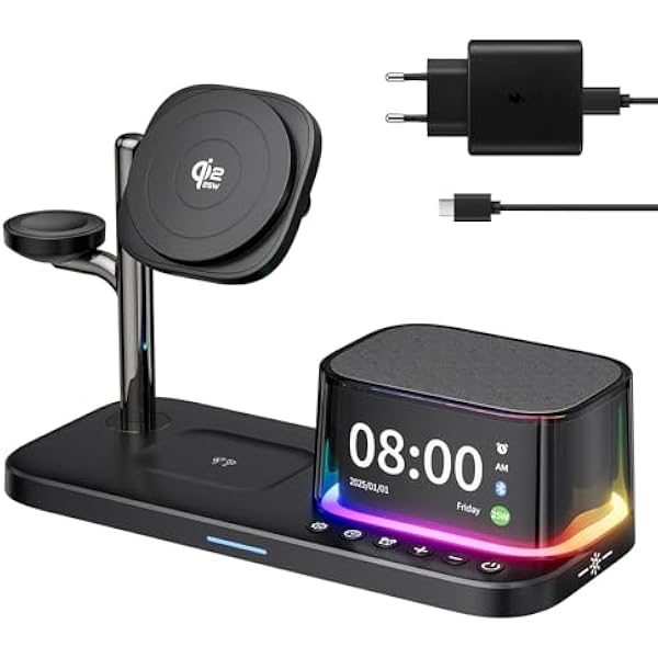 45W for Apple MagSafe Charger Stand 5 in 1, Qi2.2 25W Magnetic Wireless Charger Fast Charging Station, Alarm Clock Speaker Night Light, Charging Dock for iPhone 17 16, 5W Apple Watch 11 Ultra