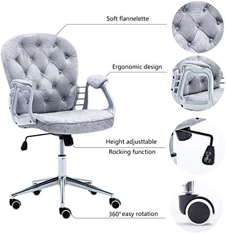 JL Comfurni Silver Grey Crushed Velvet Fabric Home Office Chair Swivel High Adjustable Computer Desk Chairs Graceful Reception Chairs (Grey)