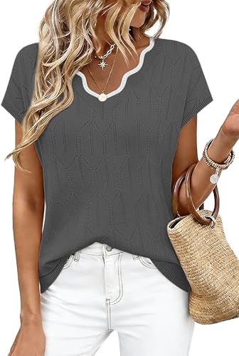 Image of WIHOLL Womens Summer Tops Cap Sleeve Sweater V Neck Shirts Beach Vacation Clothes Business Casual Fashion Clothing