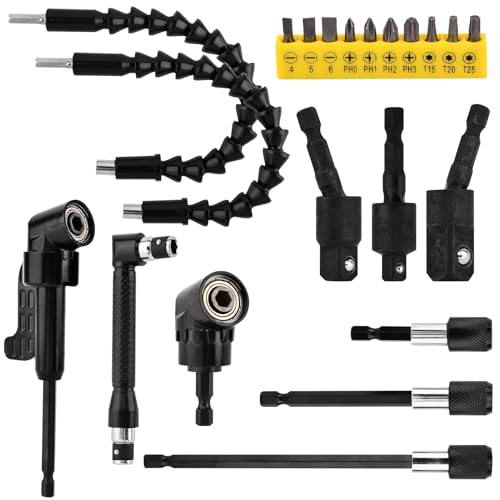 21Pcs Right Angle Drill Attachment Set Include 2Pcs Flexible Drill Bit Extension 3Pcs 360° Rotatable Socket Adapter 2Pcs Hex Shank 105° Right Angle Attachment 10 Screwdriver Bits(COLOR:black)