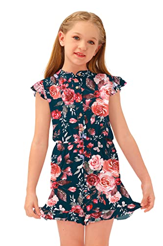 Besserbay Girl's Lovely Rose Print Romper Trendy Ruffled Sleeveless Round Neck Casual Summer Jumpsuit 13-14 Years #TOP4