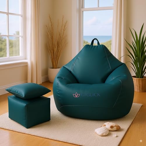Image of 5XL Premium Leatherette Bean Bag with Rectangular Footrest & Cushion | High Density EPS Beans Filled | Teardrop Shape with Handle | 6 Months Warranty (Teal Blue, 5XL Combo Pack, Solid)