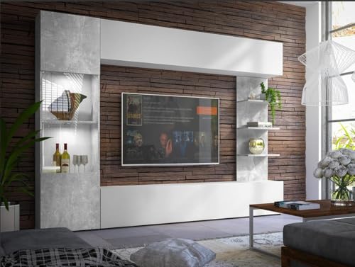 Agritrade AK Lazando Wall Unit – Universal Side – Modern LED/Non-LED Living Room Furniture Set (White/Concrete or Cashmere/Cremona Oak) (LED, white/concrete)
