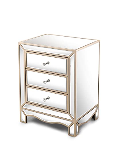 Henf Mirrored Nightstand, Gold/Silver End Table With 3 Drawers, Mirror Accent Table With Crystal Knob, Bedside Table Side Table For Bedroom, Hallway, Living Room, Office (Style26) #TOP4