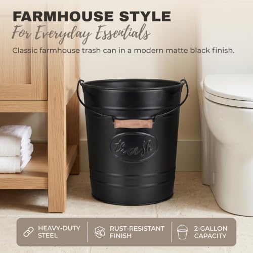 Image of Autumn Alley Black Farmhouse Bathroom Trash Can, Wooden Handle, 2 Gallon