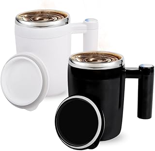 Self-Stirring Coffee Mug Set 14oz - Rechargeable Temperature Control Mug with Magnetic Mixing Technology, 2-Pack Stainless Steel Thermal Cup - Christmas Gift for Coffee Lovers (Classic Black&White)