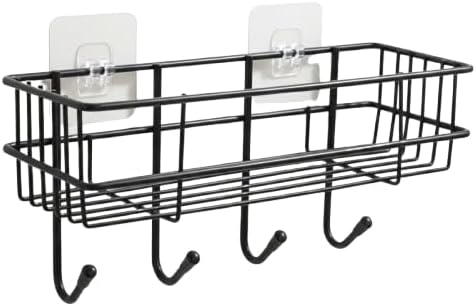 Wall Mounted Wire Storage Basket with Hooks, Self Adhesive Organizer Shelf for Bathroom Kitchen, Space Saving Home Accessories Organizer Rack (Pack 2)