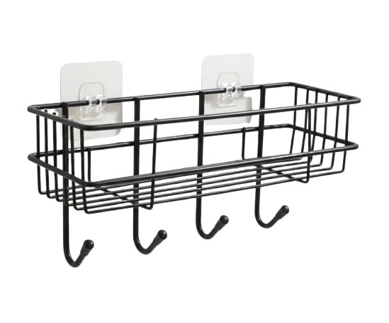 MATEWOOD Wall Mounted Wire Storage Basket with Hooks, Self Adhesive Organizer Shelf for Bathroom Kitchen, Space Saving Home Accessories Organizer Rack (Pack 2)