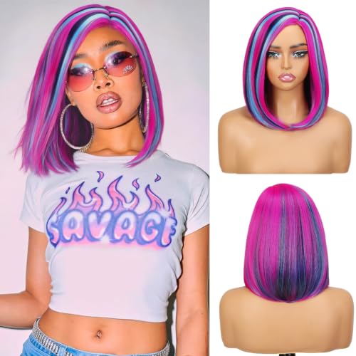 Rainbow Wig Short Bob Wigs Straight Synthetic Hair Halloween Cosplay Wigs