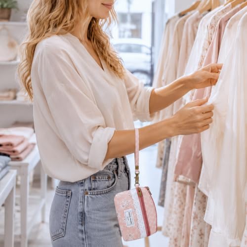 AfitLulu Mały portfel damski z płótna, mały, 2 warstwy kieszeni na zamek błyskawiczny, mini portmonetka w stylu boho, mini portmonetka na monety, gotówkę i karty, różowy (Rosa-2), 13*10*1cm, Styl