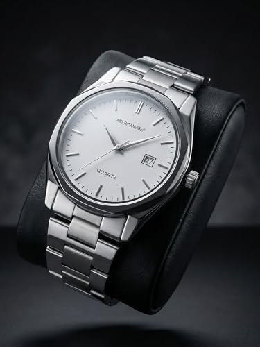 Image of AMERICANVIBER Mens Analog Quartz Watch, Stainless Steel Bracelet, Date Display Chain Watch for Men