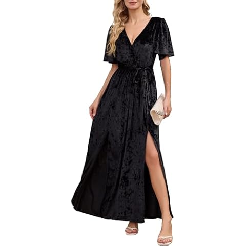 MERMAID'S CLOSET Women's Black Velvet V Neck Wrap Maxi Dress Short Sleeve Slit Bridesmaid Cocktail Wedding Guest Semi Formal Party Dresses Fall Winter Spring Cover