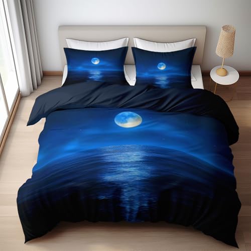 Quixora Housse de Couette Lune Bleue et mer Parures de lit 180 x 200 cm Garçons Filles Adulte Ado, Parure de Lit Microfibre, Bleu foncé