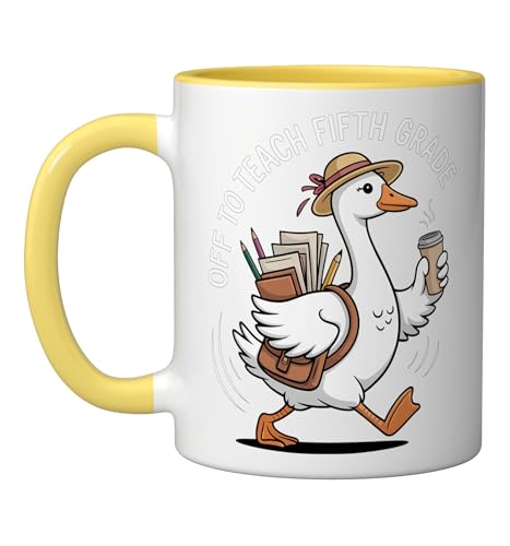 Off To Teach Fifth Grade Cute Goose Teacher Back To School Ceramic Mug, Yellow/White