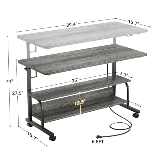 39\" Height Adjustable Standing Desk with Power Outlets - Manual Rolling Stand Up Desk with Wheels Small Portable Computer Desk Mobile Laptop Table with Storage Shelves for Home Office, Grey Oak - Thumbnail 3