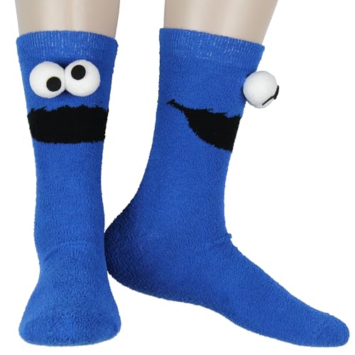 Bioworld Sesame Street Socks 3D Eyes Cookie Monster Adult Chenille Fuzzy Plush Crew Socks For Men Women 1 Pair