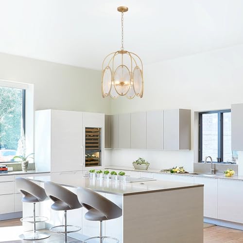 peskoe Modern Glass Chandelier for Dining Room, 7-Lights Gold Drum Ceiling Pendant Lighting Fixture, 17.7" Farmhouse Chandelier for Foyer Bedroom Living Room — view 2