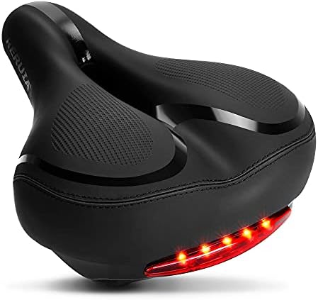 RERUIA Comfortable Bike Seat with Light Breathable Memory Foam Padded Bike Saddle Dual Shock Absorbing Center Cutout Bicycle Cushion Taillight Waterproof Leather Cover for Men Women Cycling, Universal