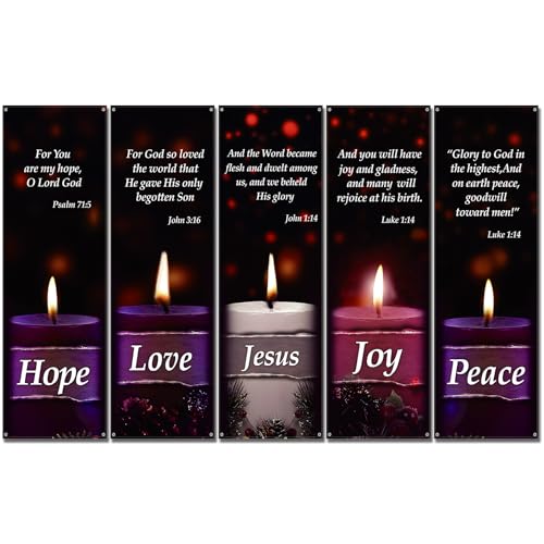 FuWeave 5 Pcs Advent Banner Advent Candle Church Banners 2 x 6 ft for Sanctuary Wall Peace Joy Hope Love Jesus Banners Bible Verses Welcome Religious Hanging Sign for Christmas Holiday Church Decor