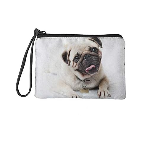 COEQINE Women's Small Coin Purse Cute Pug Print Bag Mini Pouch Fashion Wallet Tote Handbag with Zipper,White Cover