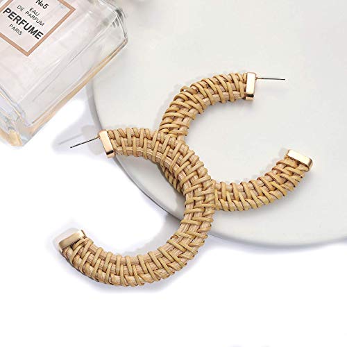 Rattan Earrings for Women Handmade Straw Wicker Braid Drop Dangle Earrings Lightweight Geometric Statement Earrings (D Hoop)3