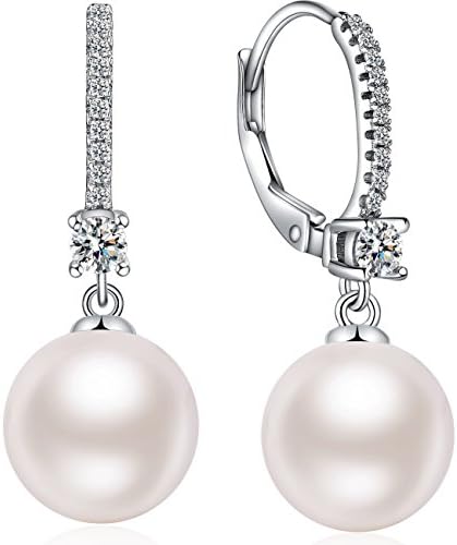 Miaofu Pearl Earrings 18K White Gold Plated 925 Sterling Silver Pearl Earrings Hypoallergenic Pearl Drop Earrings with Cubic Zirconia Pearl Dangle Earrings Size 8mm-13mm Fine Jewelry for Women Ladies