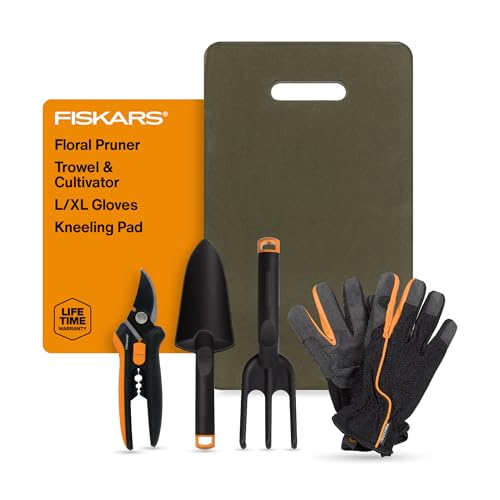 Fiskars 5-Piece Flower Gardening Essentials Set, Floral Pruner, Trowel, Cultivator, Gloves & Kneeling Cushion, Easy Action Bypass Blade with Wire Cutter & Stem Stripper, Lightweight Rustproof by Fiskars - Used condition - US$30.02