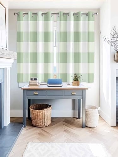 Sage Green White Buffalo Check Blackout Window Curtains 63 Inch Length 2 Panels Set, Rustic Plaid Grommet Top Window Curtain for Bedroom/Kitchen, Modern Geometric Thermal Insulated Drapes 52x63 In