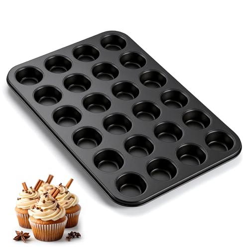 Onader Muffinform für 24 Mini Muffins Karbonstahl Muffinblech mit Lebensmittelechte Beschichtung 38 x 26 cm Muffin Backform Backblech für Kleine Cupcakes Gesund & Leicht zu Reinigen Schwarz
