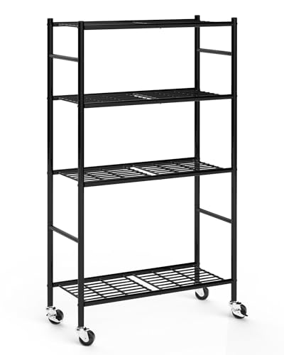 Sakugi Storage Shelves Organizer - 4 Tier Metal Shelf Organizer with Metal Wheels and Adjustable Leveling Feet, Heavy Duty Garage Shelving for Kitchen, Pantry and Closet, 33.1
