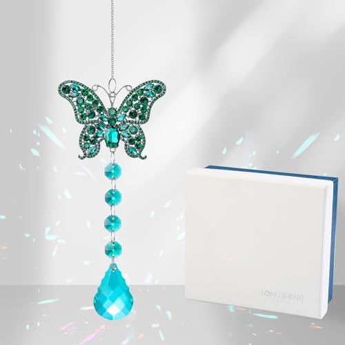 Large Sun Catcher Rhinestone Butterfly Indoor Decor, Dark Green Crystal Suncatcher Hanging Window Decoration for Living Room Bedroom Home Balcony Ornament