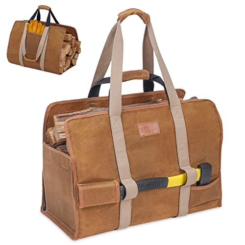 2-in-1 Waxed Canvas Firewood Log Carrier Extra Large Storage Tote Bag for Fire Pit Outdoor Camping, BBQ Barbecue, Wood Carrying Bag with Double Straps for Reinforce, Fireplace Wood Stove Accessories.