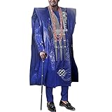 HD African Bazin Attire for Man Nigerian Mens Traditional Wear Agbada Clothes Set Embroidery Boubou Dashiki 3 Pieces Blue Outfit 3XL
