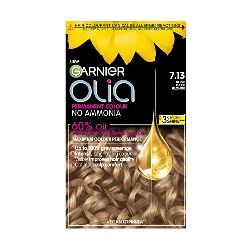 Garnier Olia Dark Beige Blonde Permanent Hair Dye, No Ammonia for A Pleasant Scent, Up To 100% Grey Hair Coverage, Maximum Colour Performance, 60% Oils - 7.13 Dark Beige Blonde