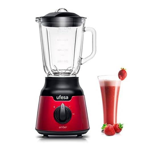 Ufesa BS4100 Amber Red Batidora de Vaso Compacta, 900W, Jarra de Cristal 0.8L, 2 Velocidades + Pulse, 4 Cuchillas de Acero Inoxidable, Cierre Hermético, Pica Hielo, Libre de BPA, Inox Rojo