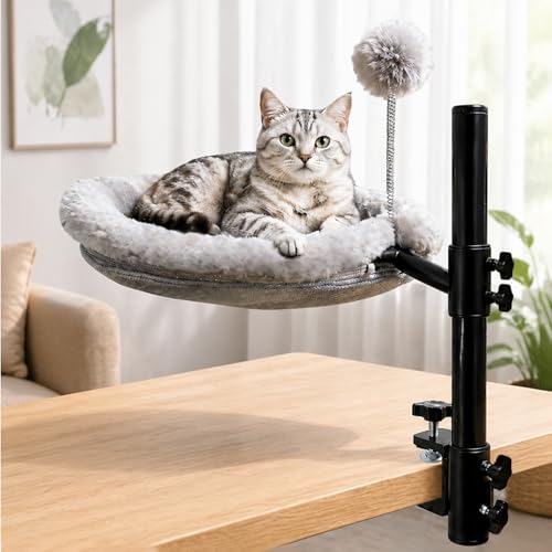 Vurlexat Cat Bed for Desk 360 Rotatable Cat Hammock with Dual-fabric Height Adjustable Comfort Cat Desk Bed with Cat Teaser Wand for Indoor(Fabric: Breathable for Summer Plush for Winter)