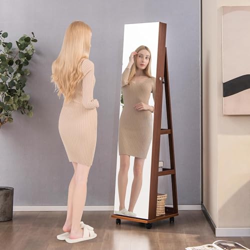 Miniatura 8 de Relax4life 3 En 1 Espejo Joyero De Pie Con 4 Ruedas Giratorias 360 , Led De 3 Colores Y 2 Espejos, Armario Para Joyas Con 3 Estantes De Almacenaje, Espejo De Cuerpo Entero Y Cerradura Marrón