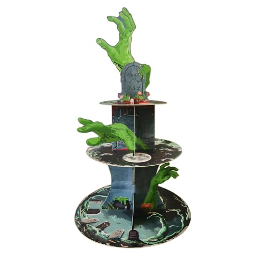 Viitipar Kpfun 3 Tier Halloween Cupcake Stand The Zombie hand Cardboard Cake Stand graveyard Scary Party Cupcake Serving Tray for Halloween Party Decoration Supplies