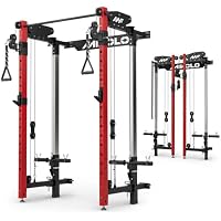 Mikolo Wall Mounted Folding Power Rack with Cable Crossover Machine & LAT Pull Down, 5 Adjustable Function Modes (Red)