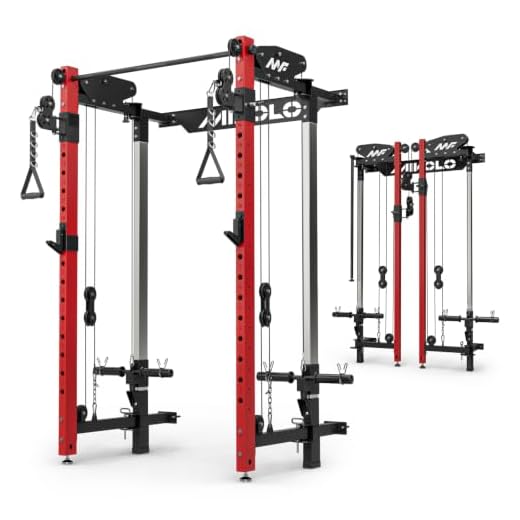 Mikolo Folding Squat Rack, Wall Mounted Power Rack with Cable Crossover Machine & LAT Pull Down Machines, Functional Trainer with 5 Adjustable Function Modes, for Home Gym and Space Saving (Red